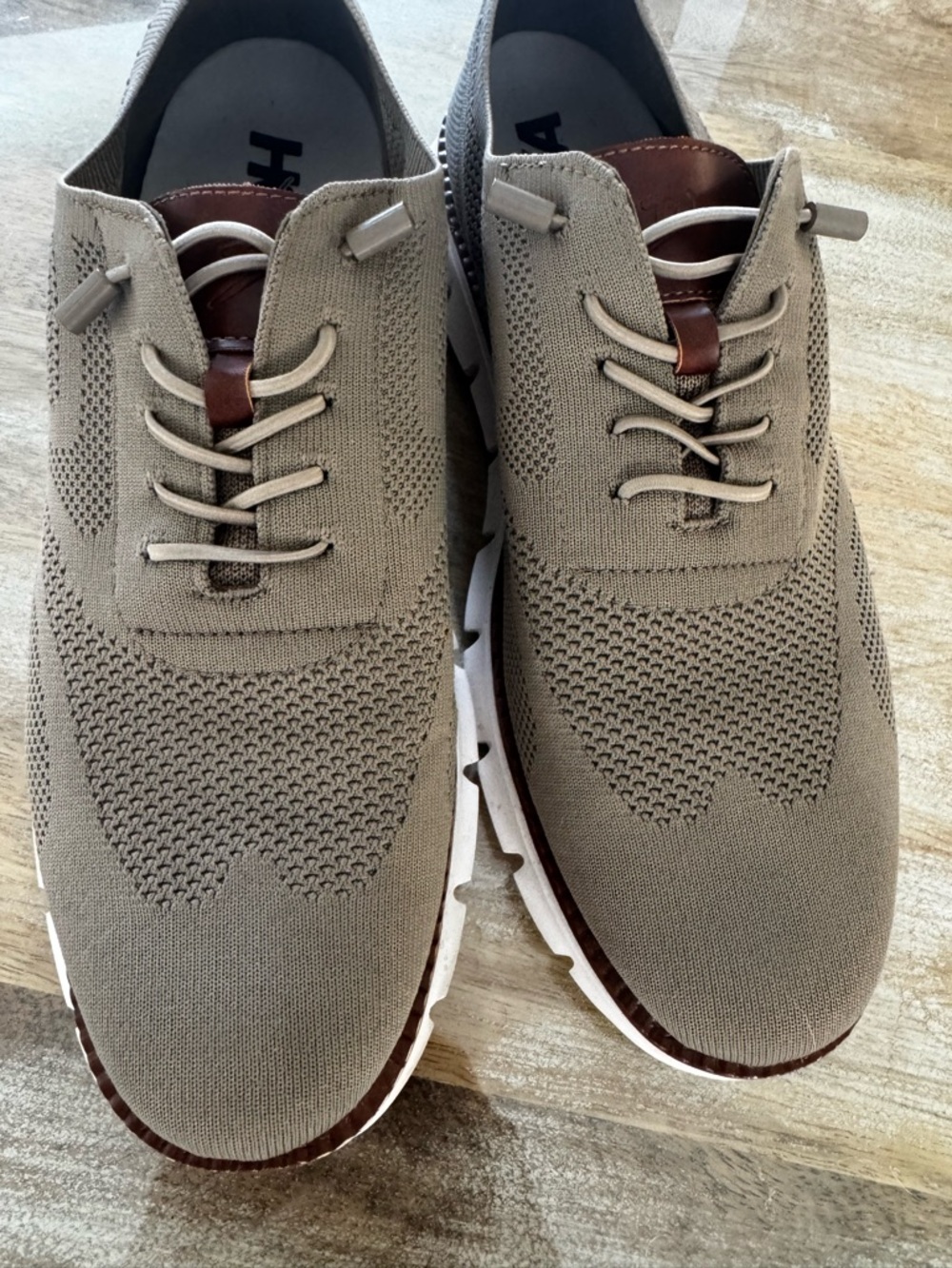 Hoka Men's Knit Oxfords in Taupe with Brown Accents